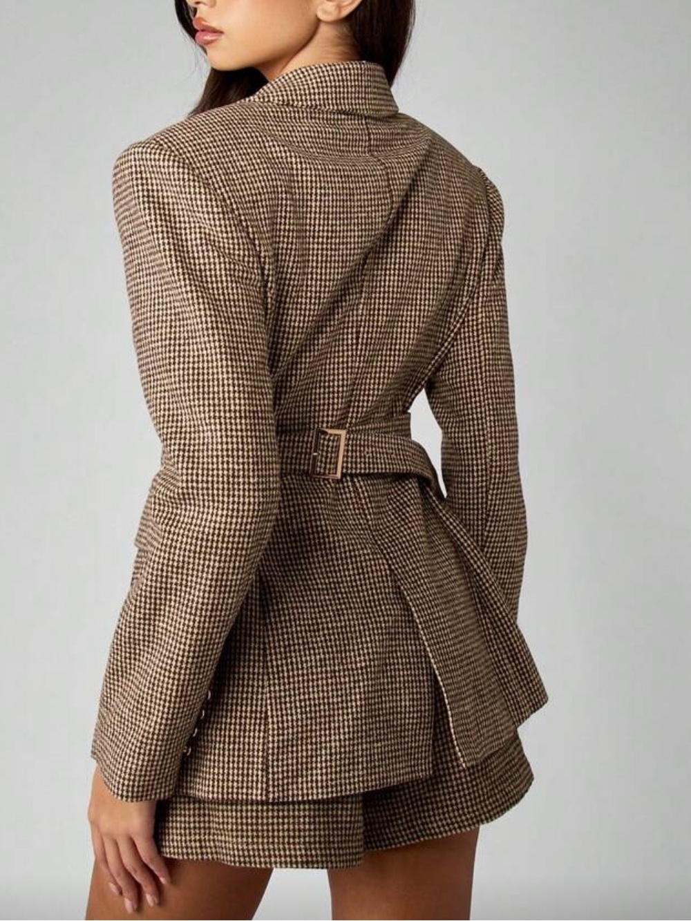 Shoulder padded thick fully lined Tailored cinch waist brown Houndstooth Blazer - Picture 2 of 6